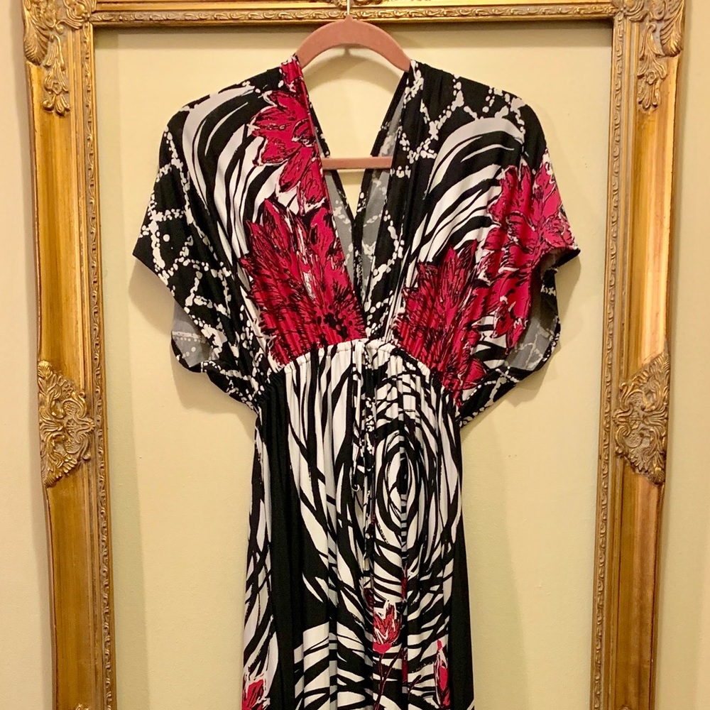 pink, black, and white floral patterned maxi dress
